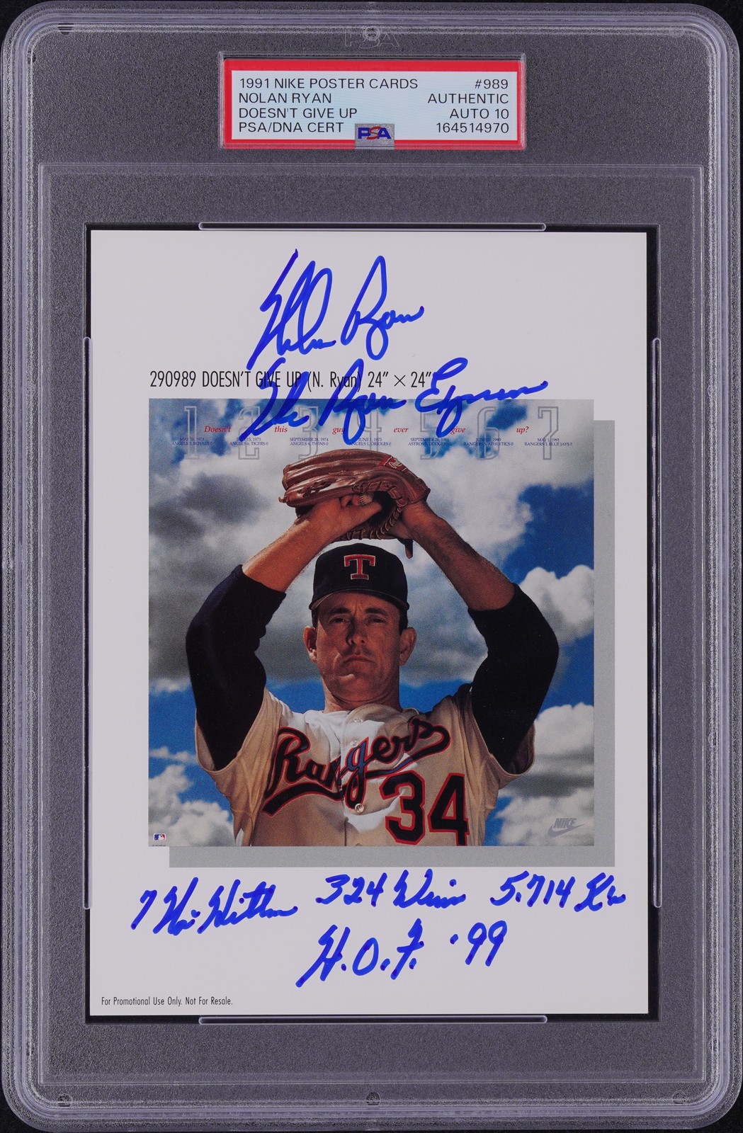1991 NIKE POSTER CARDS DOESN'T GIVE UP #989 NOLAN RYAN PSA AUTHENTIC AUTO 10