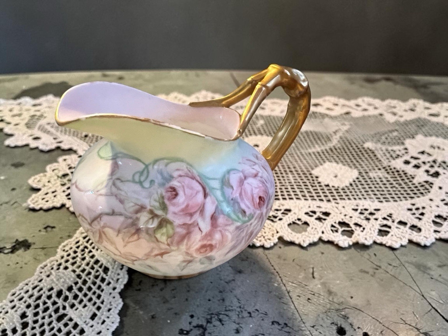 Antique KTK Hand Painted Rose Pitcher-Gilt Twig Handle-c. 1892-96 Marked