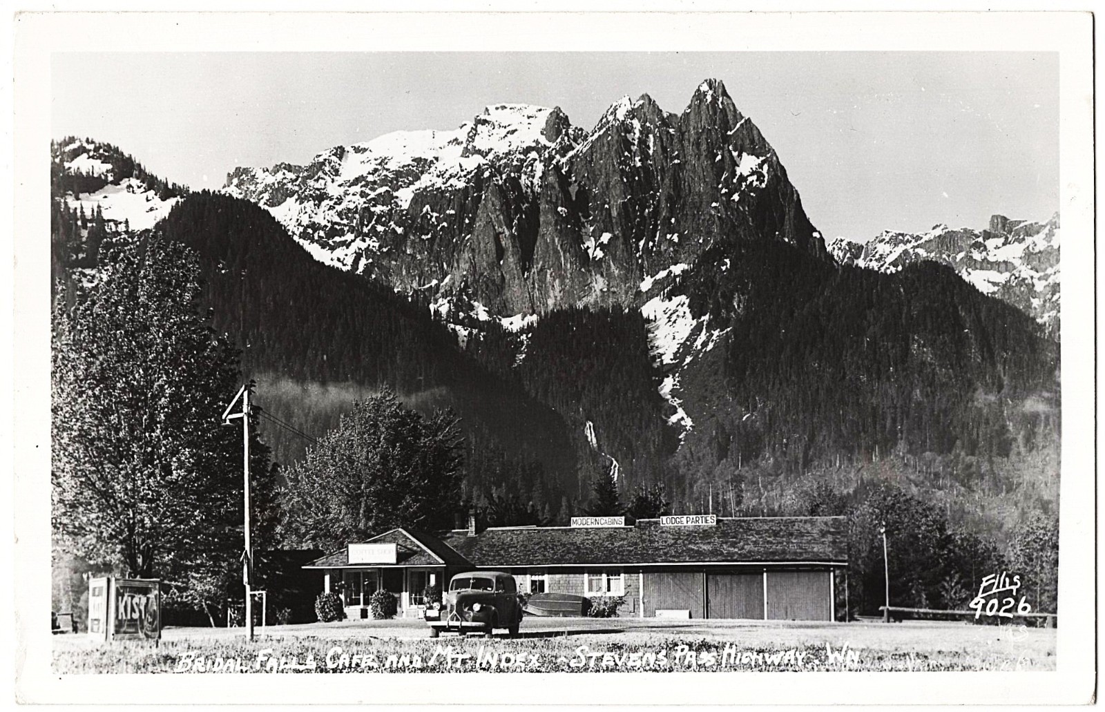 RPPC Bridal Falls Cafe and MT Index Stevens Pass Washington WA m. 1952 postcard