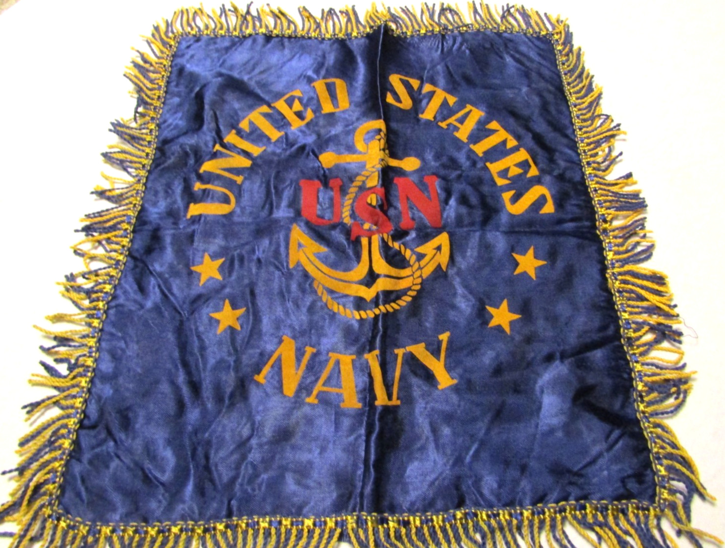 Vintage WW2 1940\'s U.S. Navy Silk Pillow Sham Military Fringe 20” X 17”