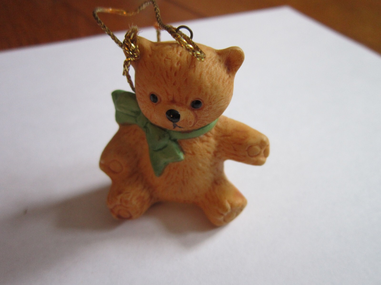 Vtg Teddy Bear Christmas Ornament Ceramic Green Bow  1.5\
