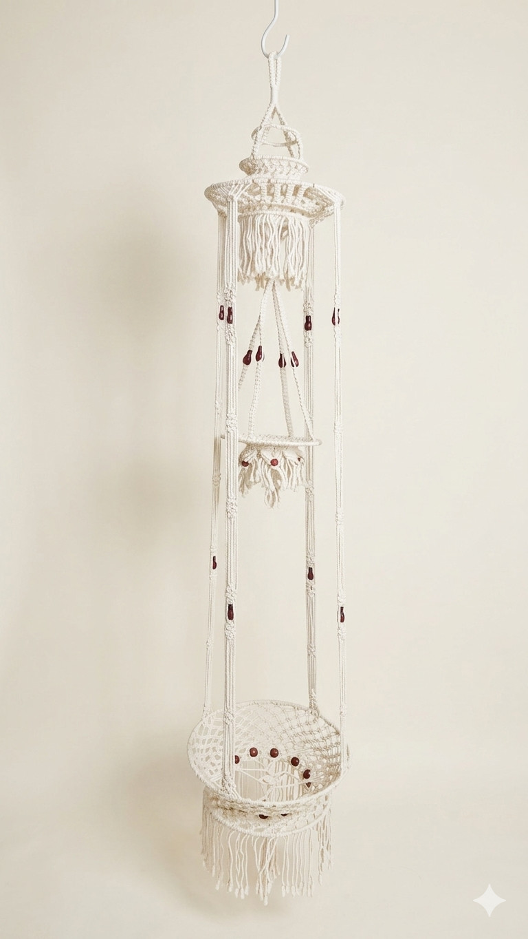Vintage Macrame Plant Hanger 3 Tier Hanging Basket 70s Boho Wood Beads 6 Ft