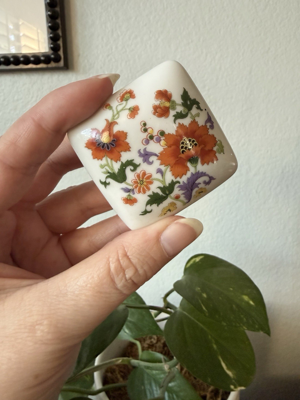 Vintage Limoges France White Orange Floral Square Trinket Box Hand-Painted 2”
