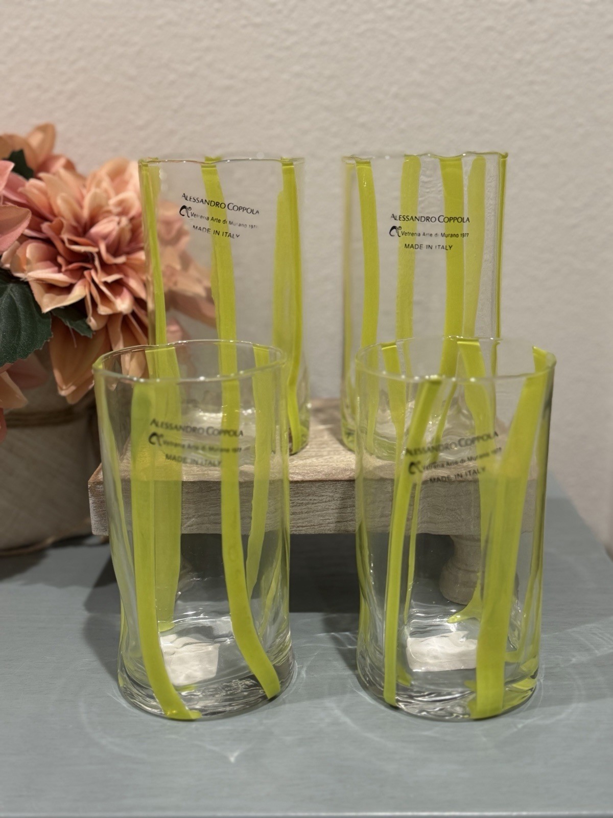 Set of 4 Murano Alessandro Coppola Yellow 5.75” Indented Glasses Set of 4 Murano Alessandro Coppola Yellow 5.75” Indented Glasses