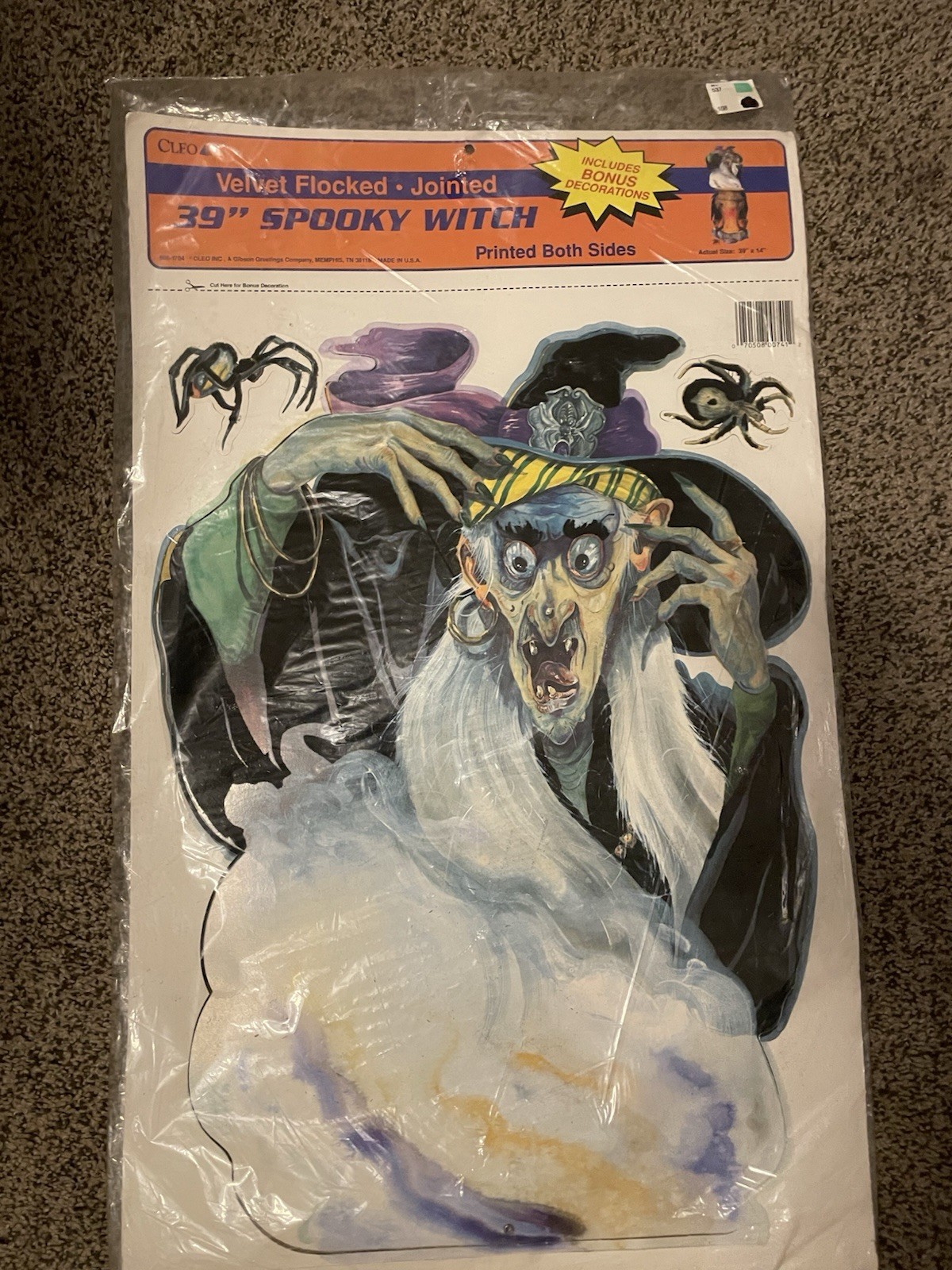 VTG Cleo Velvet Flocked 39” Jointed Witch Die Cut Halloween 2-Sided USA Sealed
