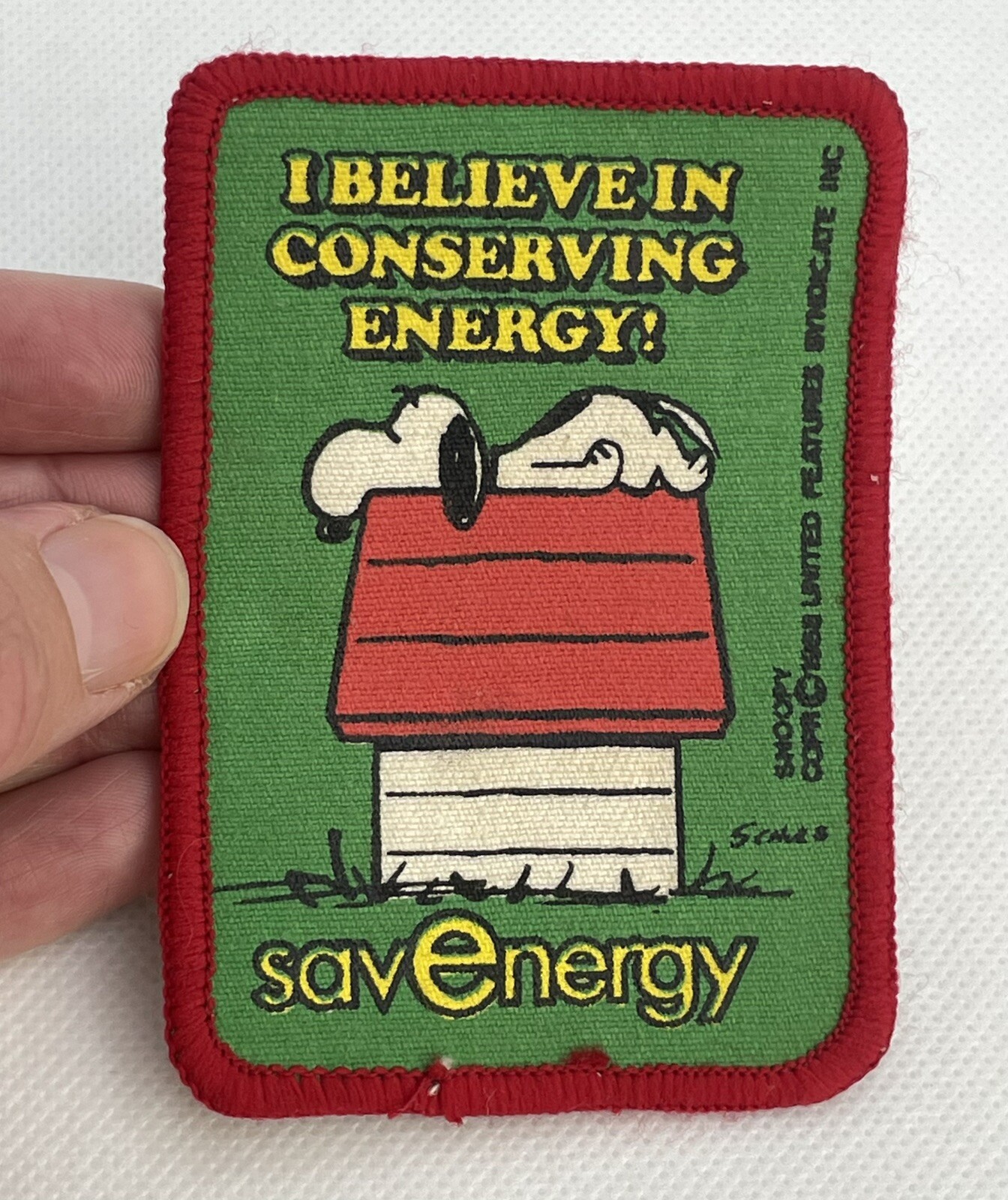 Vintage Rare Green Snoopy Patch I Believe In Conserving Energy C1950’s Badge