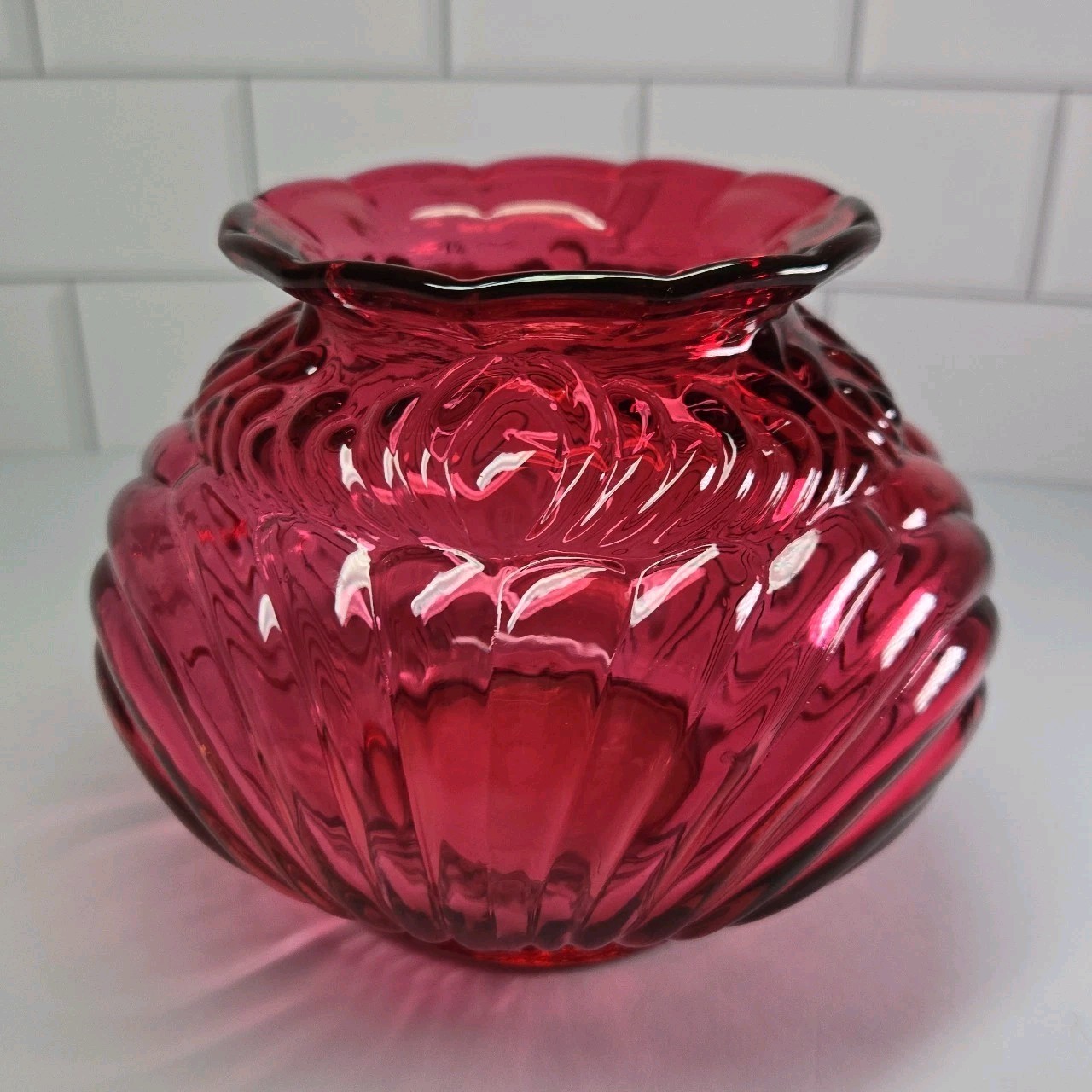 Fenton Country Cranberry Glass Vase Raised Feather Bow Pattern Ruffled Rim 4.25\