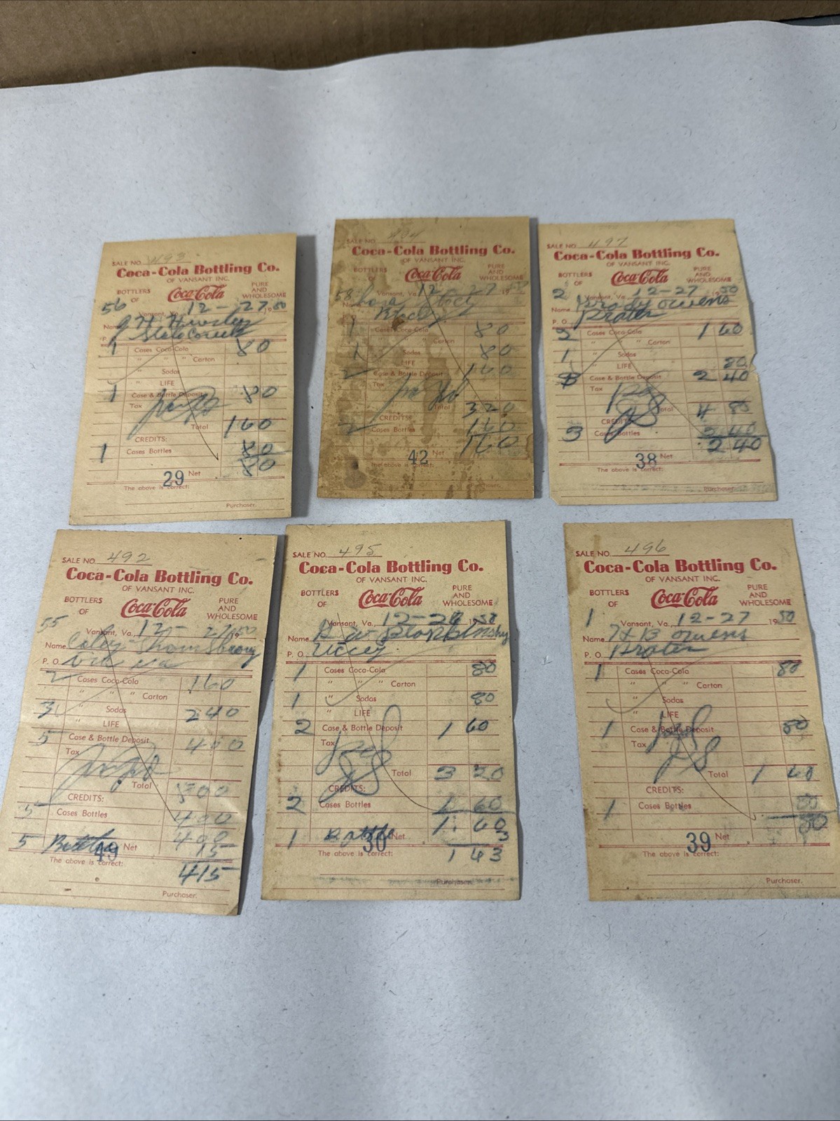 Coca Cola Bottling Company Vansant Buchanan County Virginia 1950s Receipts Lot
