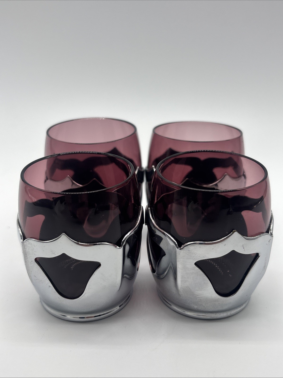 Vintage Farber Bros. Krome Kraft Amethyst Glass & Chrome Set of 4 Cordial Shot