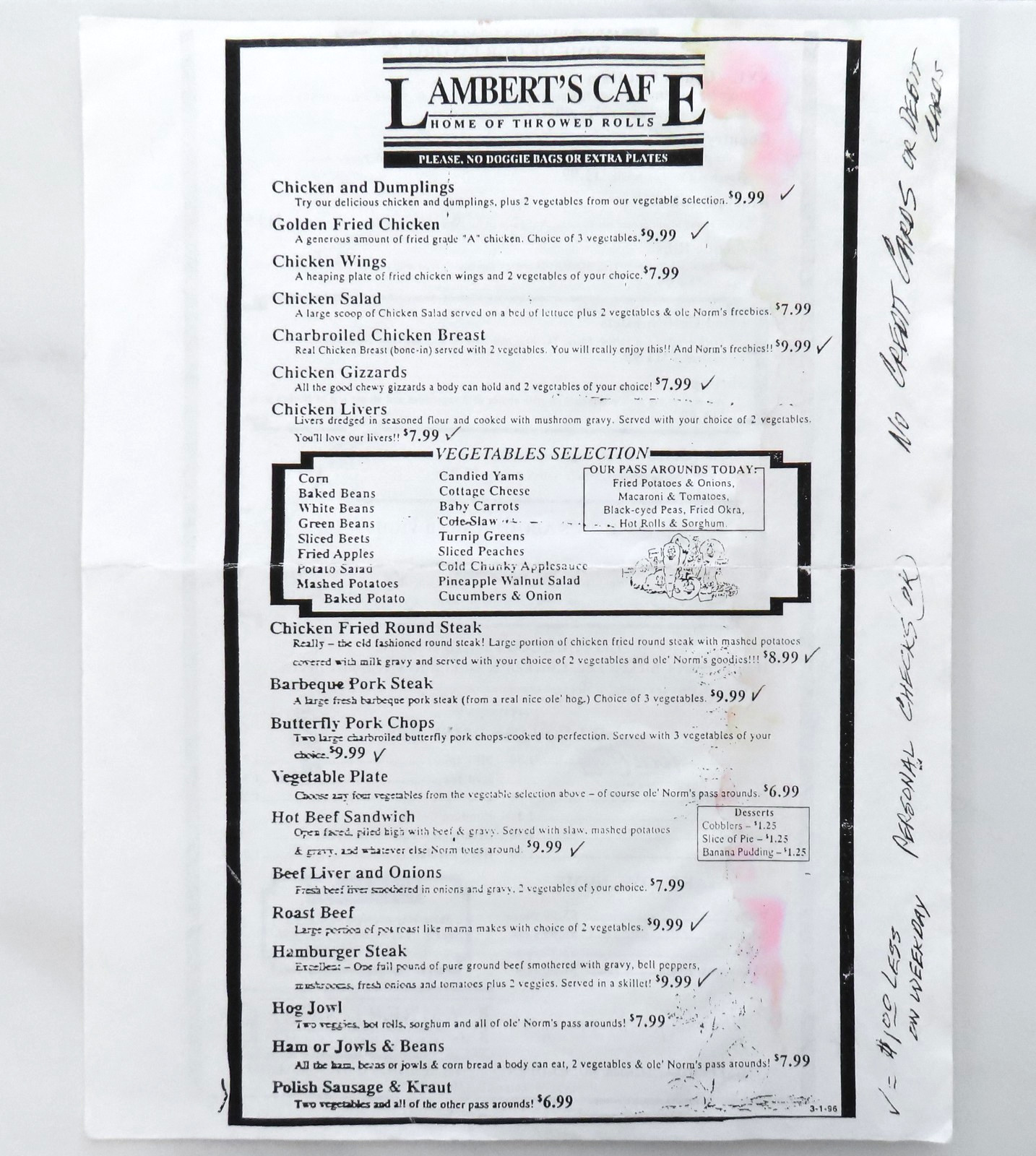 Lambert's Cafe Menu Vintage 1996 90s Restaurant Home Of Throwed Rolls Alabama AL Lambert's Cafe Menu Vintage 1996 90s Restaurant Home Of Throwed Rolls Alabama AL