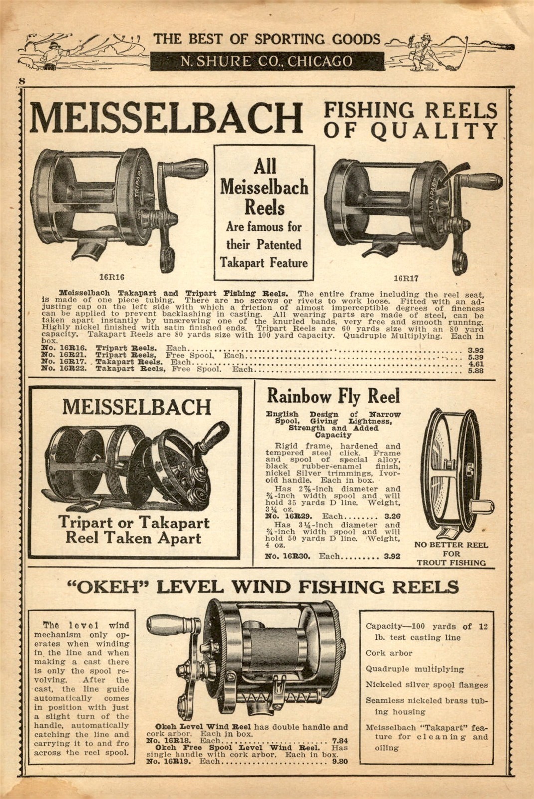 1924 PAPER AD Vintage Meisselbach Fishing Reel Tripart Takapart Okeh Pflueger 