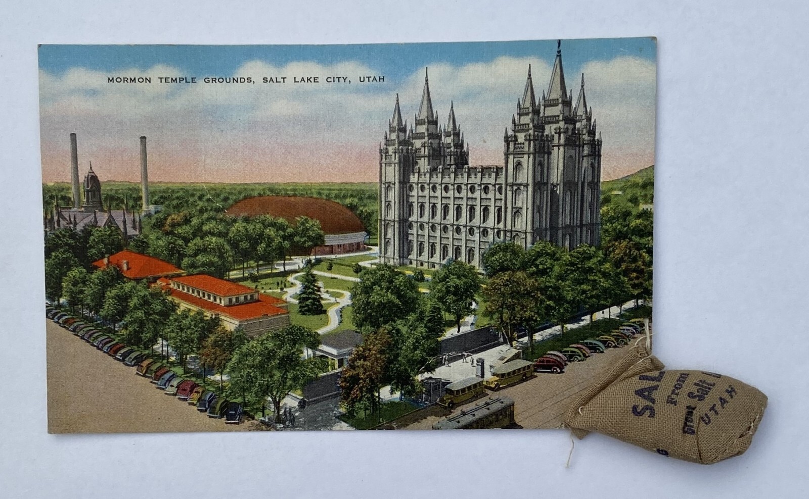 Vintage Postcard Mormon Temple Grounds Salt Lake City Utah w/ Bag of Great Salt