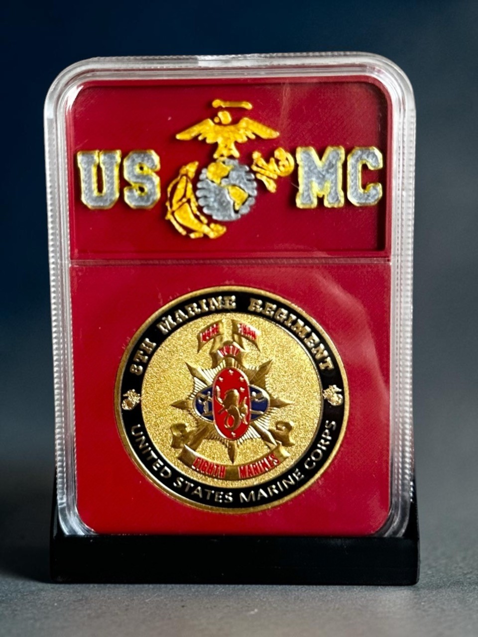 U S MARINE CORPS - 8th MARINE REGIMENT Challenge Coin in MACE Signature Display