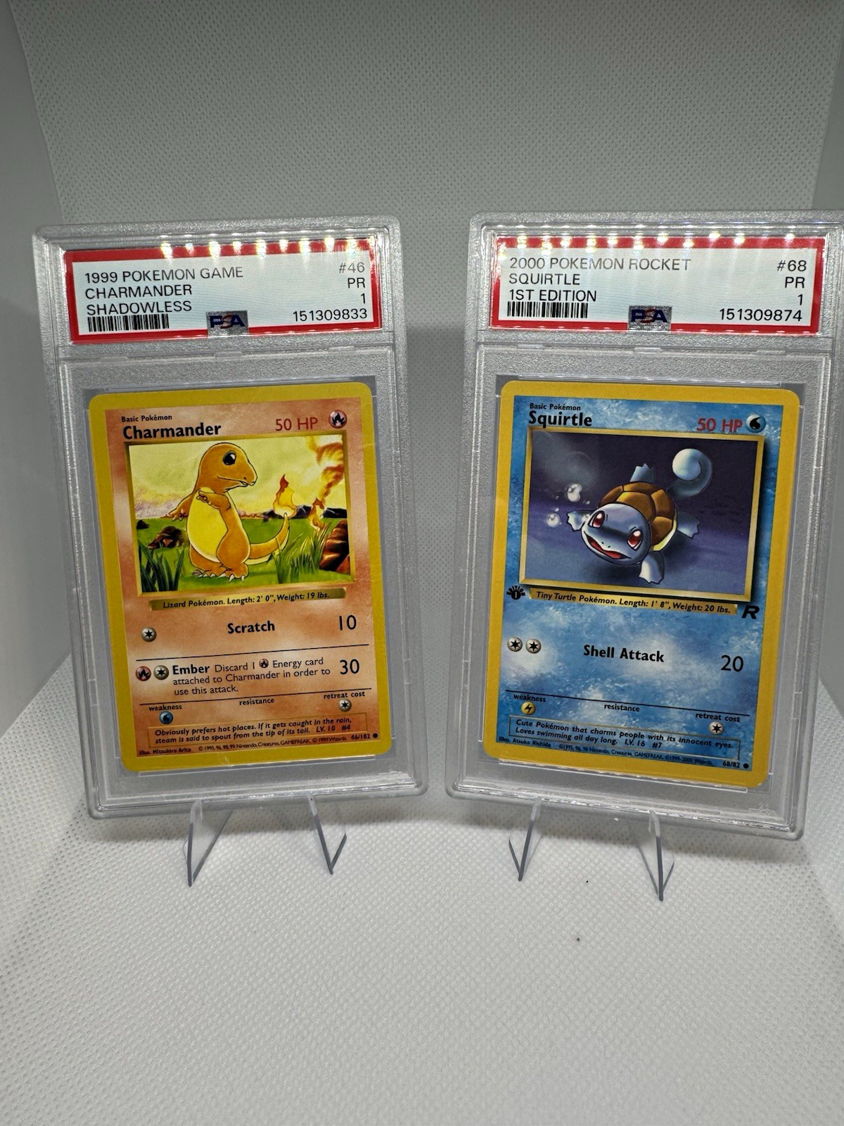 Pokémon Charmander Shadowless 1999 #46 & Squirtle 2000 Team Rocket 1st Ed #68