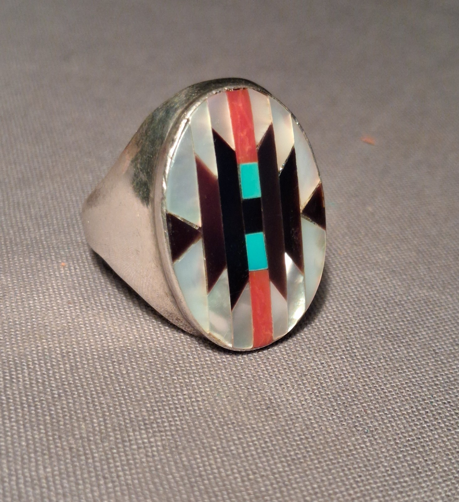 Vintage Zuni Silver & Multi Stone Inlay Men\'s Ring By Charlotte Dishta Size 11