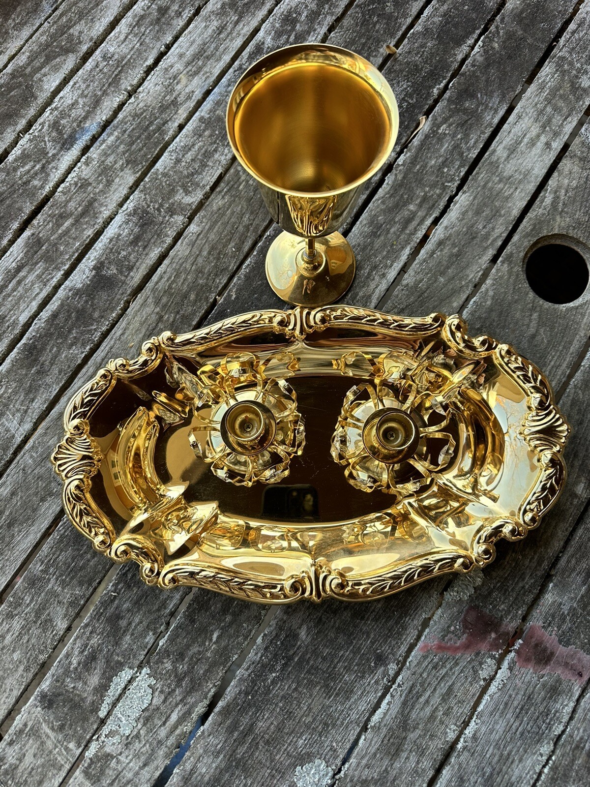 Vintage Lot Of German USA Pair Gold Plated Candle Holders Platter Chalice