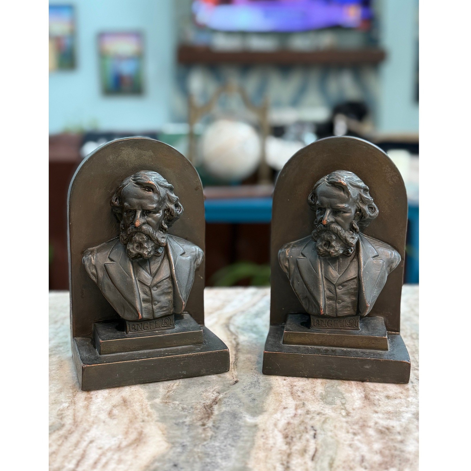 Antique 1923 P Mori Henry Wadsworth Longfellow Bronze Clad Bookends Signed Pair Antique 1923 P Mori Henry Wadsworth Longfellow Bronze Clad Bookends Signed Pair