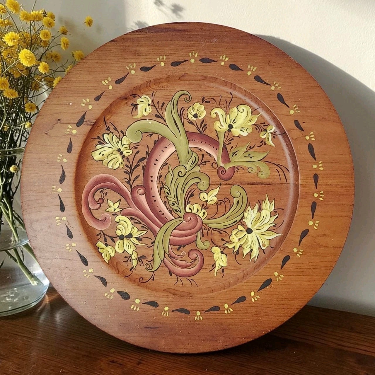 Vtg Hand Painted Norwegian Rosemaling Floral Hanging Wood Plate 14.25\ Vtg Hand Painted Norwegian Rosemaling Floral Hanging Wood Plate 14.25\