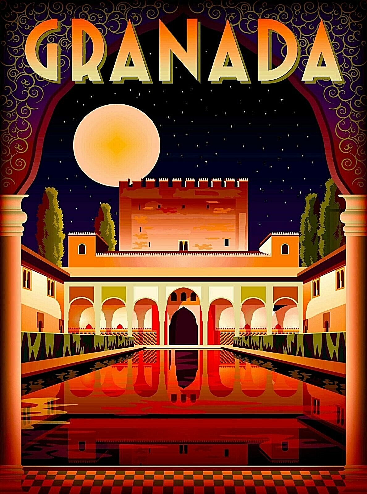 Granada Alhambra Palace at Night Spain Retro Wall Decor Travel Art Poster Print Granada Alhambra Palace at Night Spain Retro Wall Decor Travel Art Poster Print