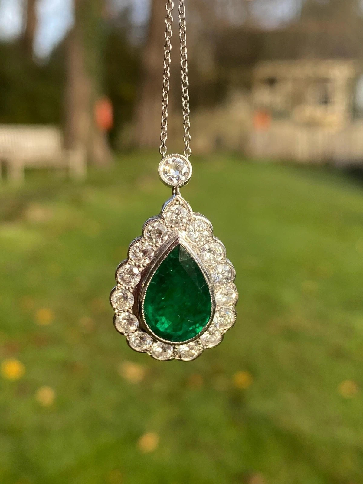 Vivid Green Emerald & Diamond Teardrop Pendant In 14k White Gold Plated 18''