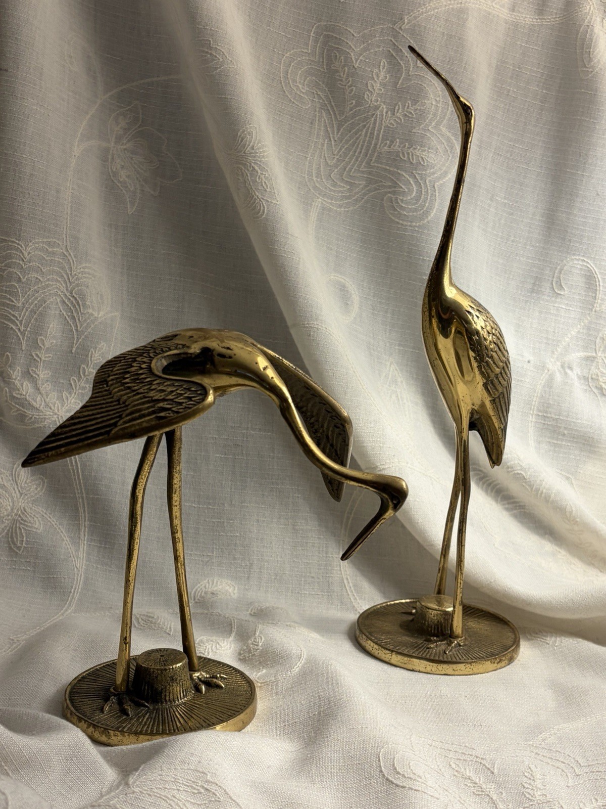 Vintage Pair Brass Crane Heron Egret Bird Figurines Statues MCM Coastal Decor