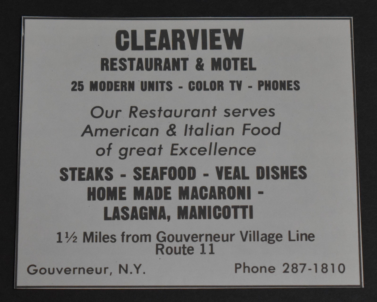 1982 Print Ad New York Gouverneur Clearview Restaurant & Motel Steaks Food Art