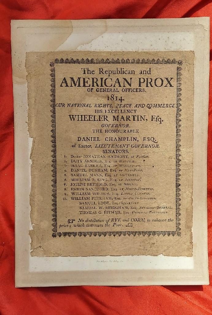 1814 BROADSIDE The Republican & American Prox Distillation of Rye & Corn CT