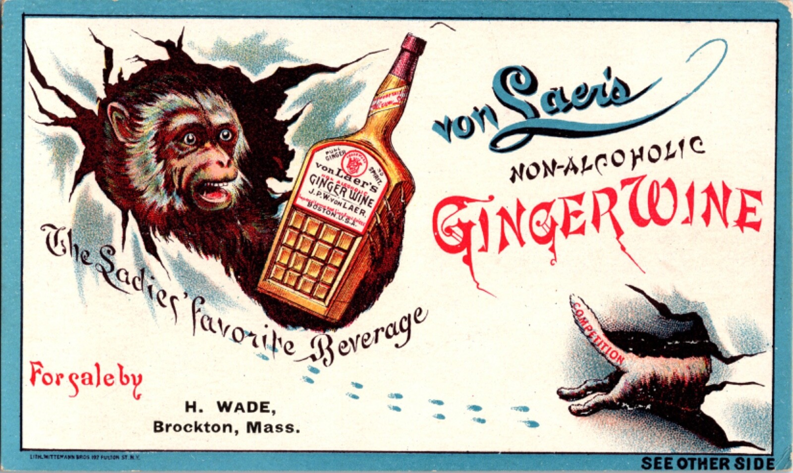 Antique Von Laer's  Quack Remedy Ginger Wine, Monkey, Cat, Temperance Trade Card