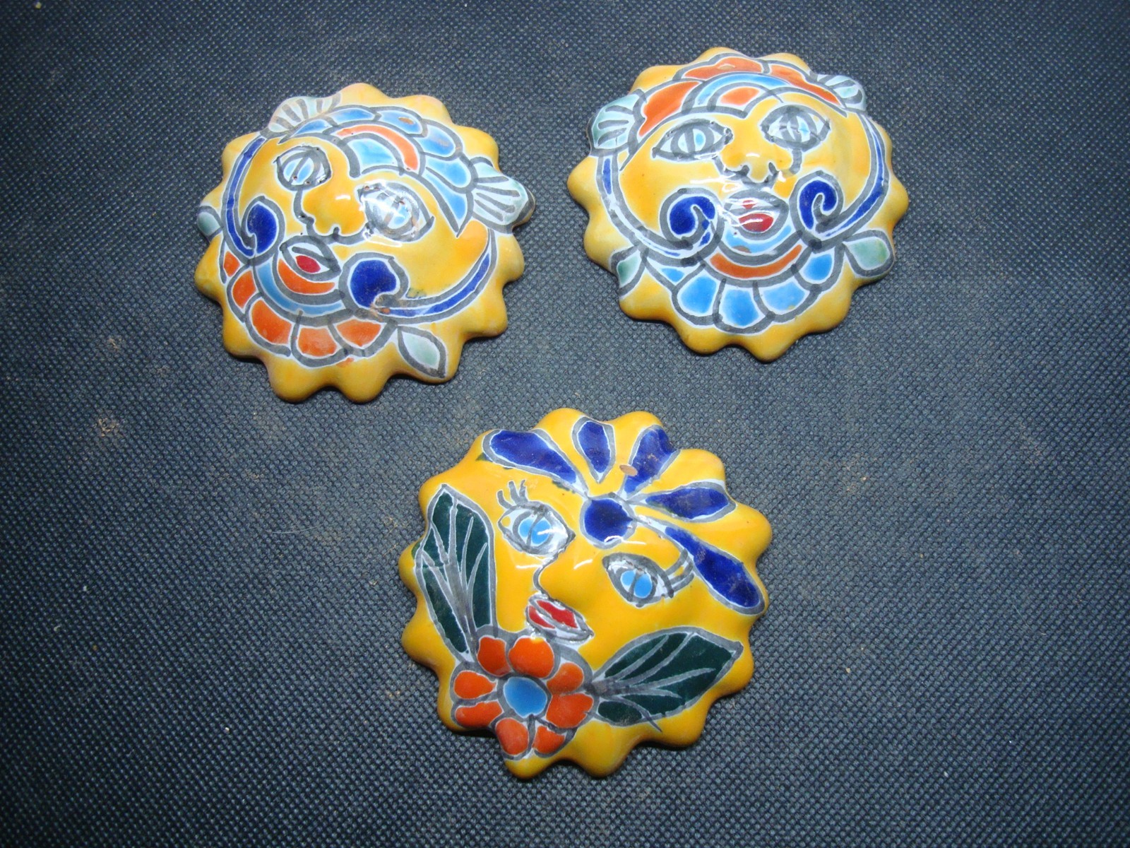 Set of 3 Mexican Talavera wall art, Small Sun face Garden, kitchen decore