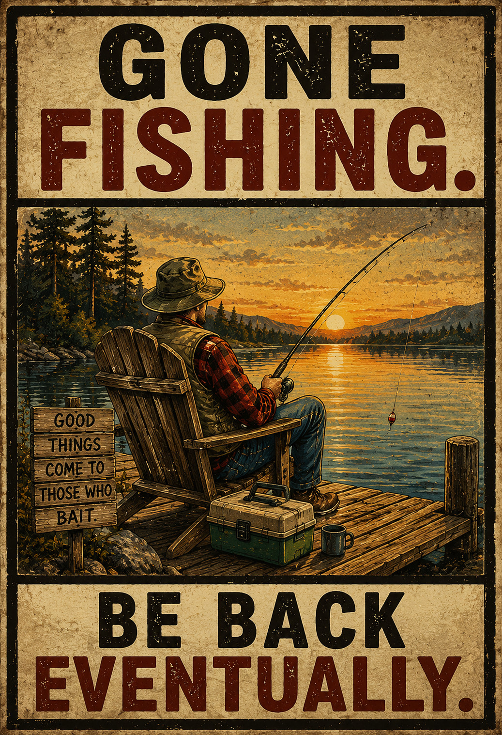 Gone Fishing Be Back Eventually Poster 13x19 Vintage Fishing Wall Art