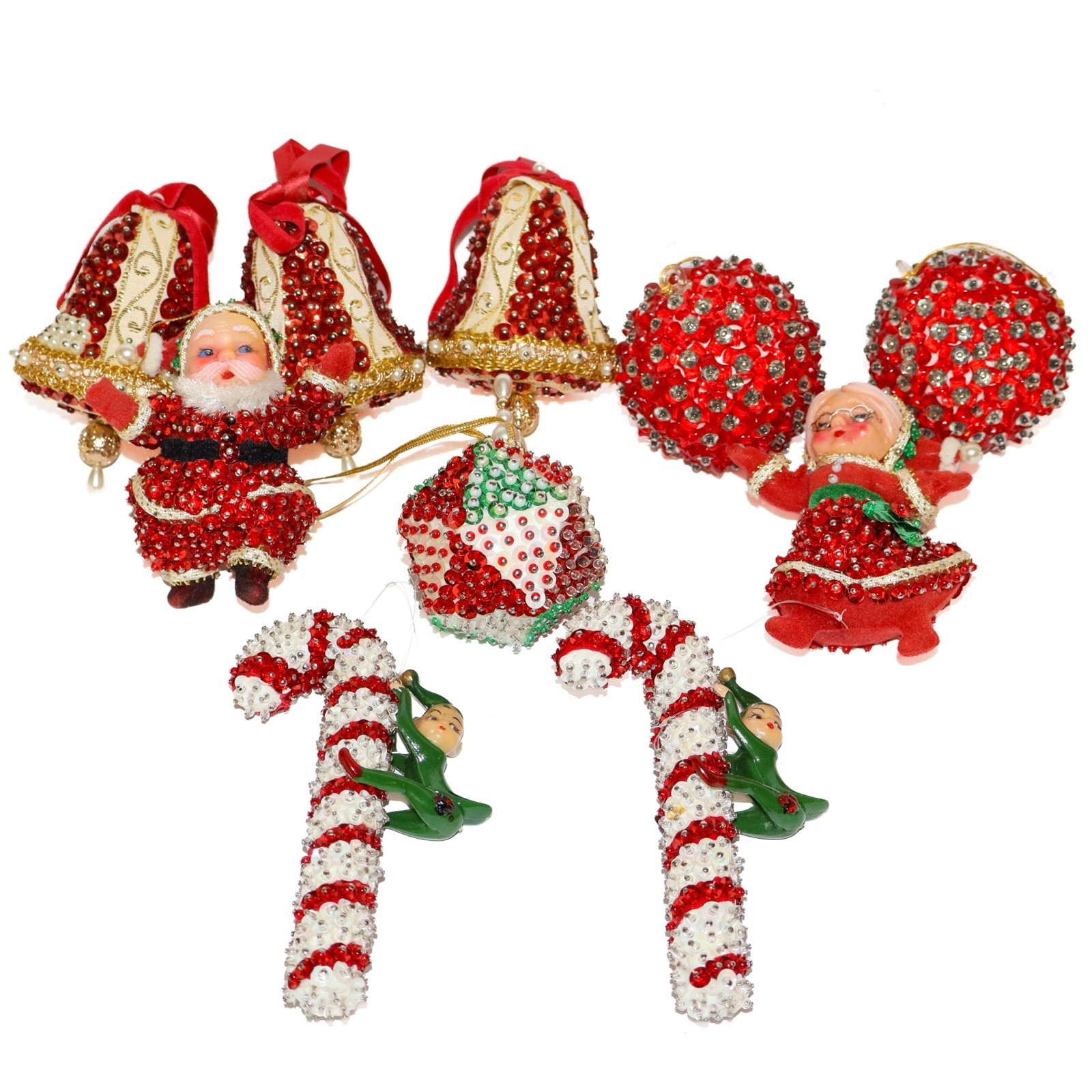Vintage Push Pin Bead Sequin Santa & Mrs Claus Reindeer Ornaments Lot of 10
