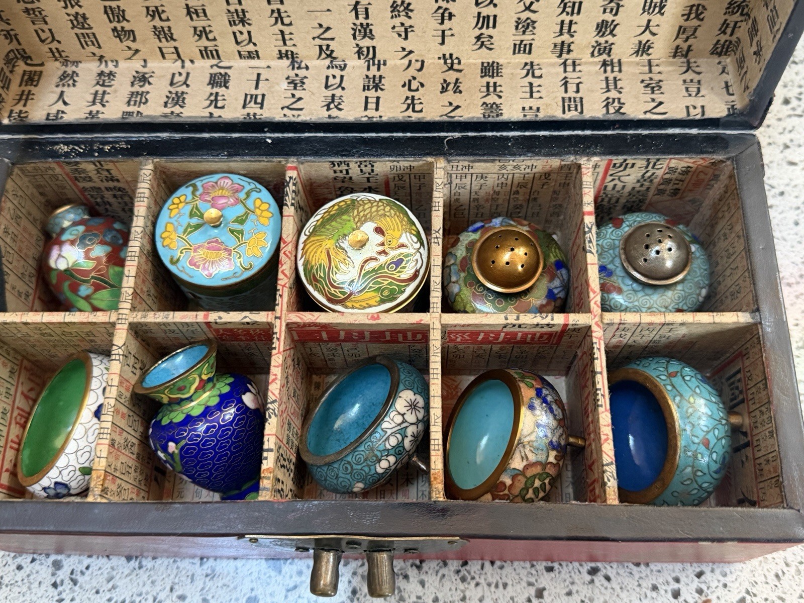 Vintage Chinese Cloisonné Miniature Vessel  Sets in Original Almanac-Lined Box