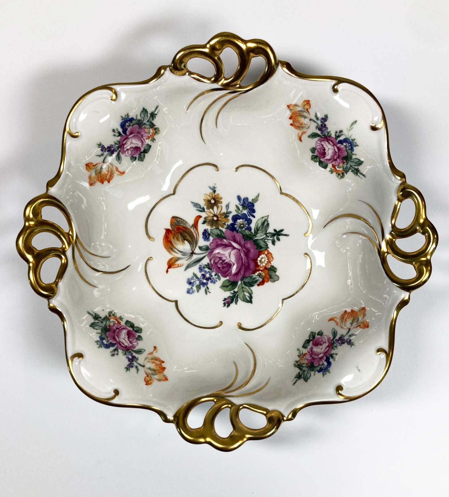 Vintage JLMenau Graf Von Henneberg Hand Enameled Porcelain Floral Bowl 22K Gold Vintage JLMenau Graf Von Henneberg Hand Enameled Porcelain Floral Bowl 22K Gold
