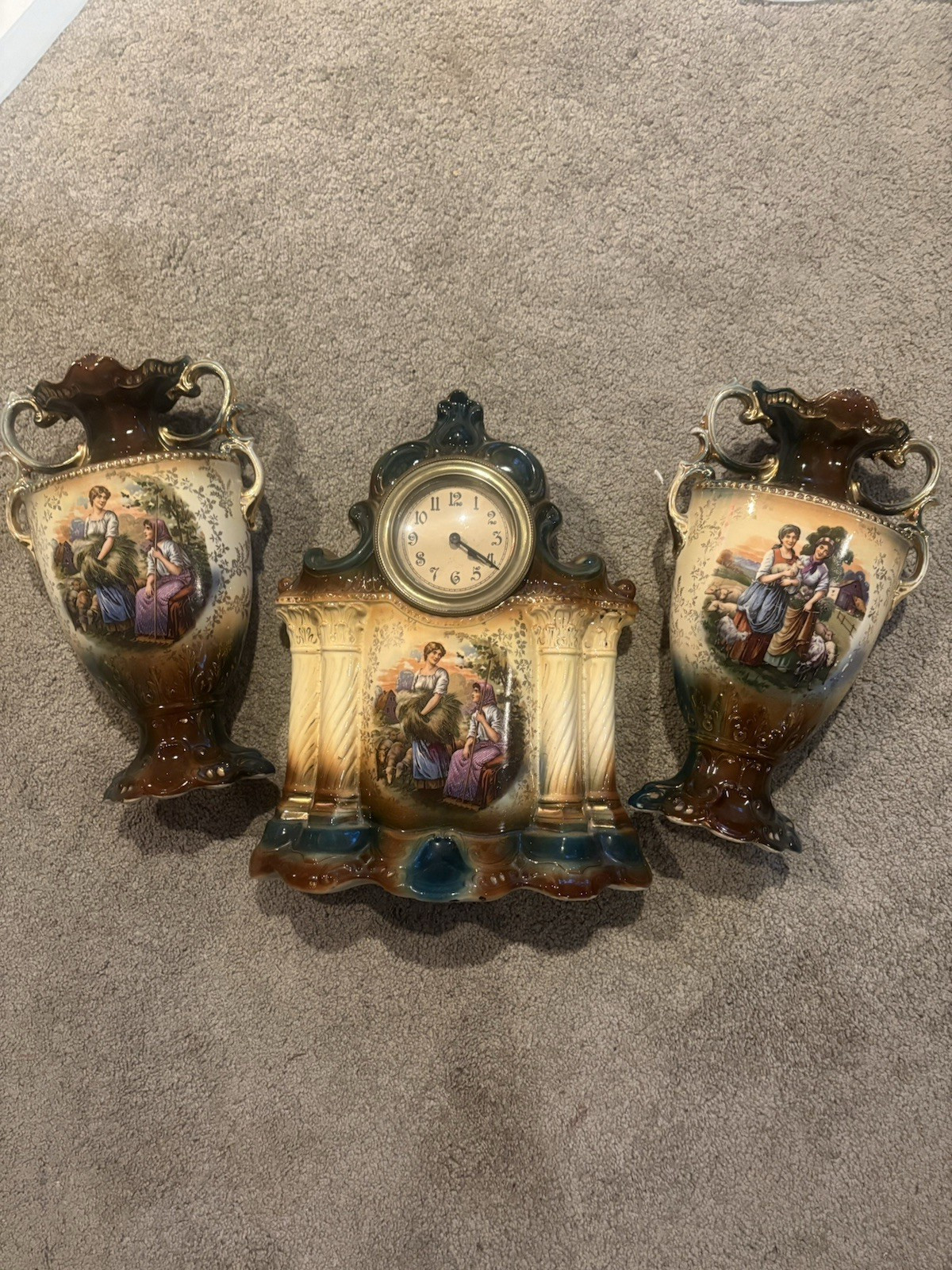 English Ceramic Mantel Clock Garniture Set 2 Matching Vases Pastoral Scenes 16”