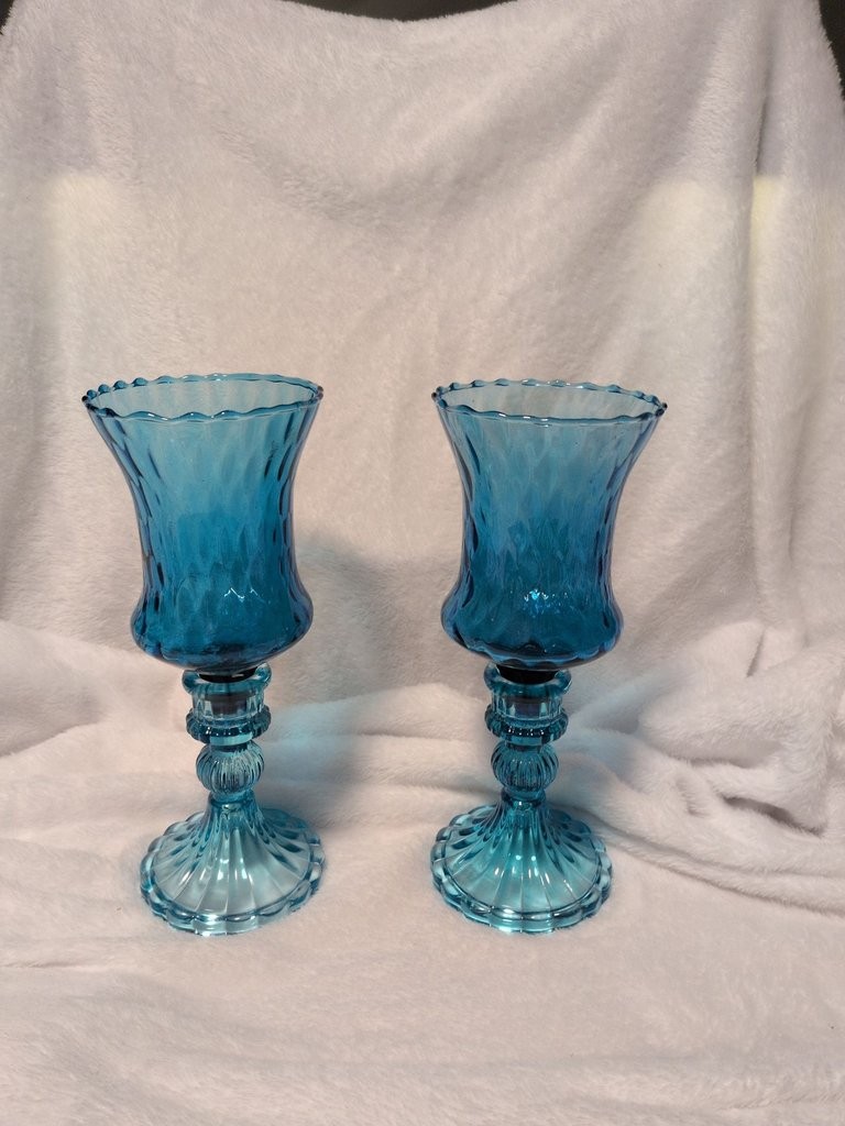 Pair of Turquoise Blue Pressed Glass Hurricane Candlestick Holders Pair of Turquoise Blue Pressed Glass Hurricane Candlestick Holders