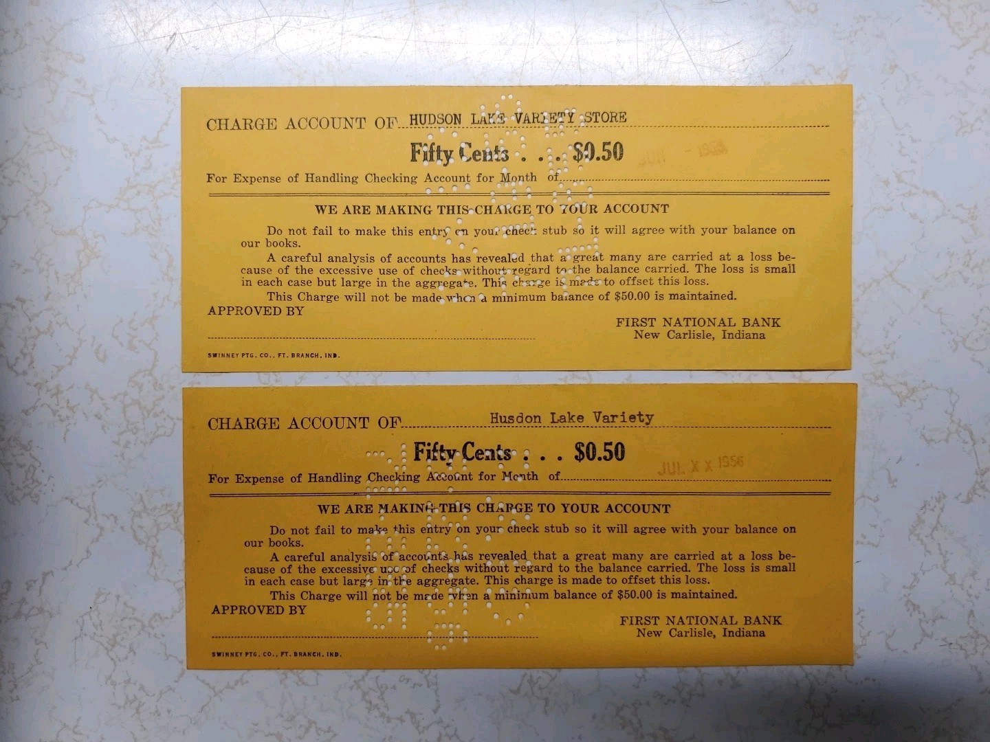 2 Vint. '56 1st National Bank New Carlisle, IN Charge Slip Hudson Valley Variety