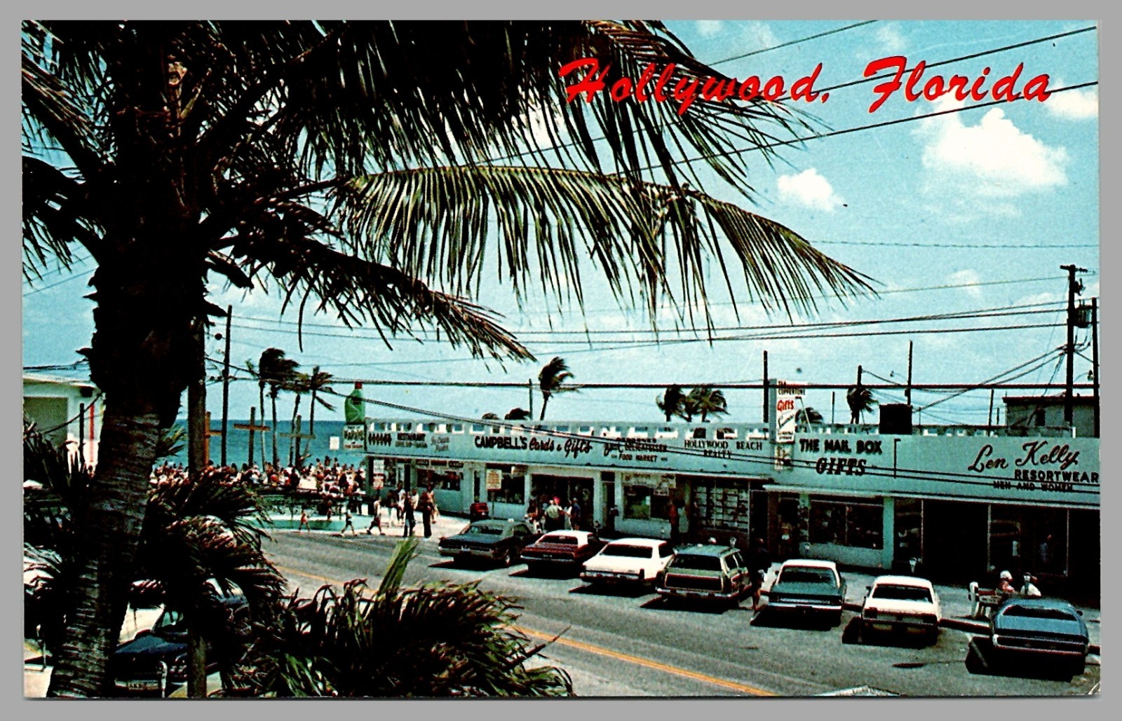 Johnson Street Boardwalk Store Signage Hollywood FL Chrome 1970s Cars Postcard
