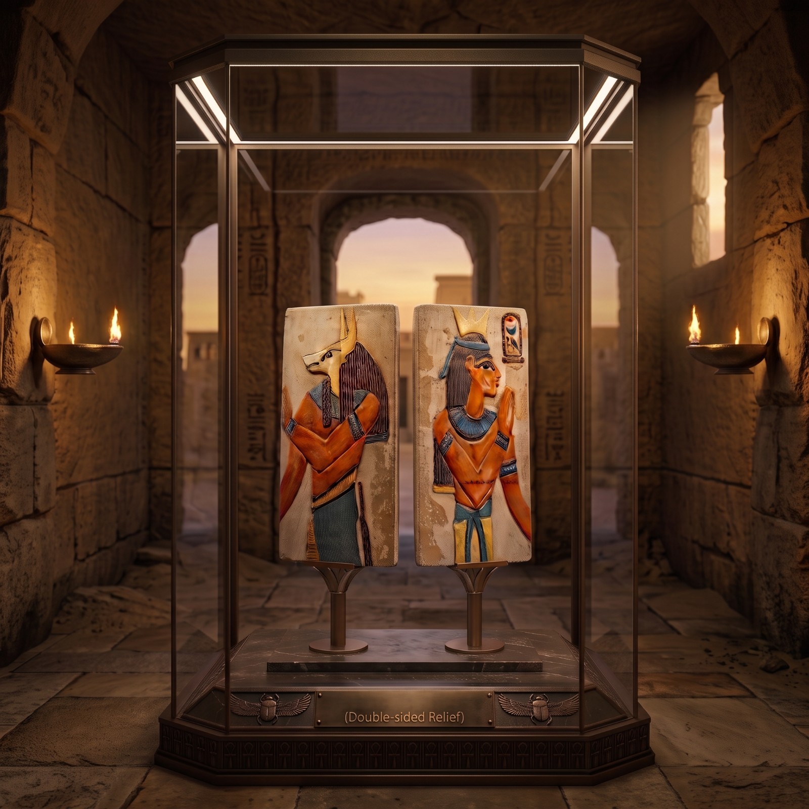 Double sided relief sculpture depicting royal Pharaonic figures, Egyptian artifa Double sided relief sculpture depicting royal Pharaonic figures, Egyptian artifa