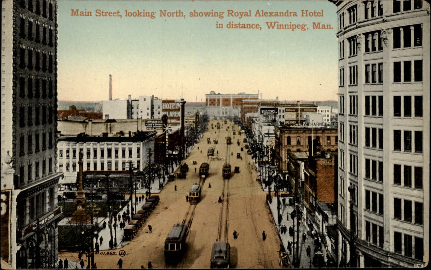 Winnipeg Manitoba Canada Main Street aerial view trolley unused postcard sku037 Winnipeg Manitoba Canada Main Street aerial view trolley unused postcard sku037