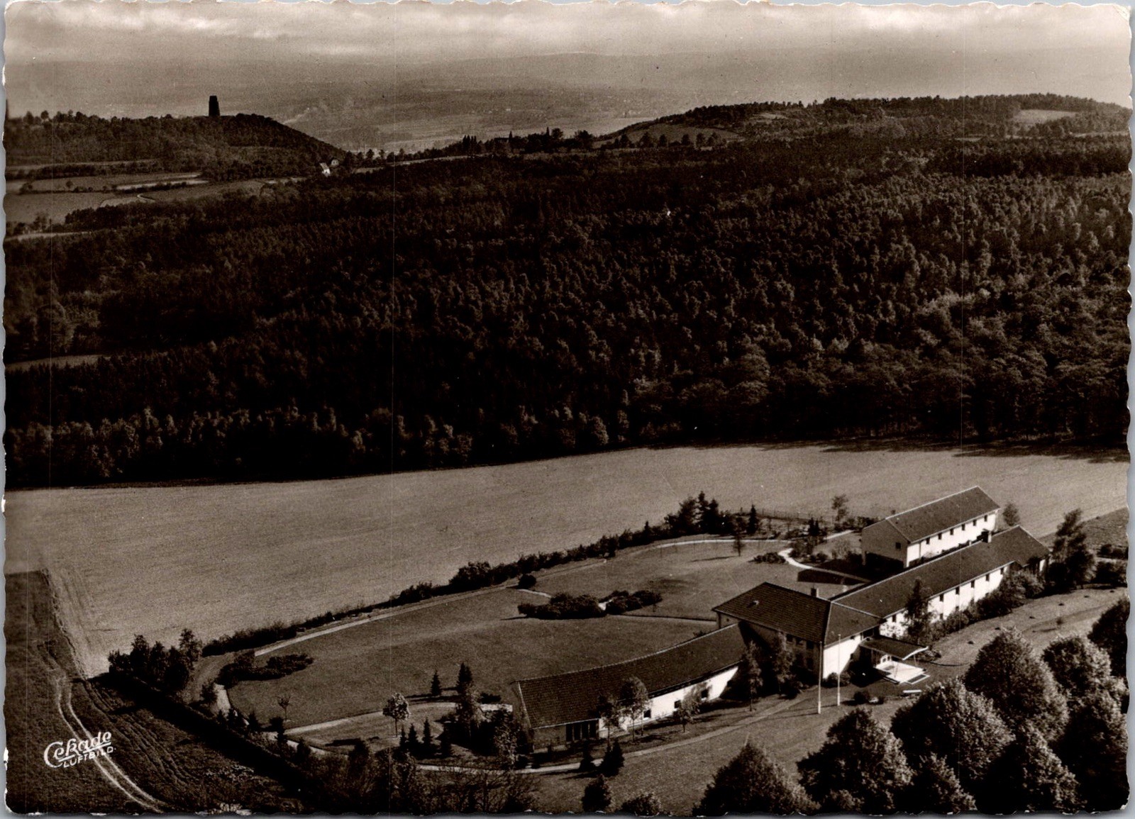 Aerial View Rural Buildings Forested Hills Stamp Real Photo RPPC Postcard