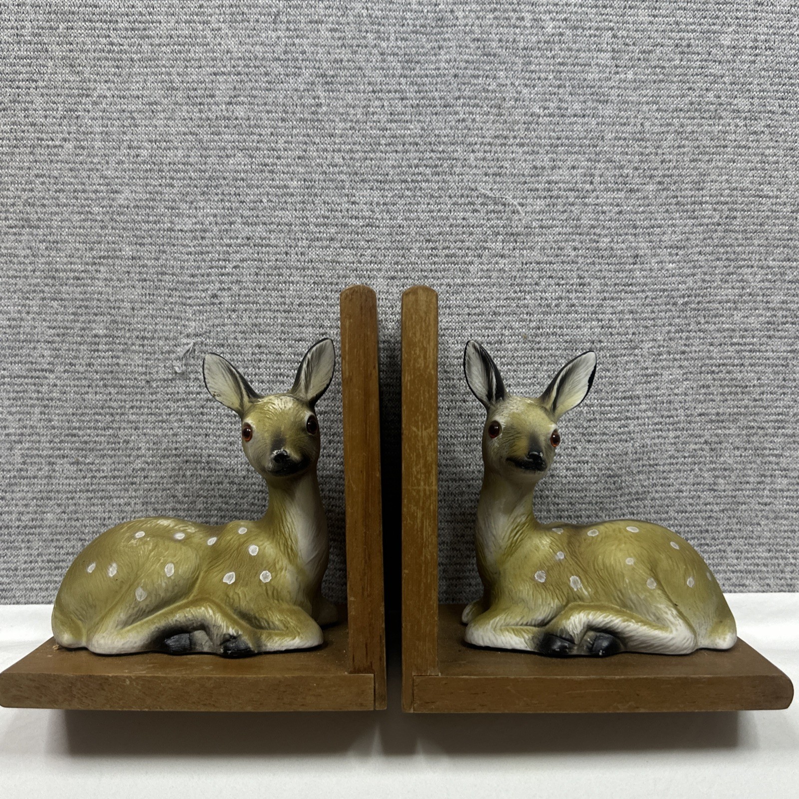 Vtg MCM Ceramic Deer Bookends Japan Kitsch Fawn Bambi Wood Base Vtg MCM Ceramic Deer Bookends Japan Kitsch Fawn Bambi Wood Base