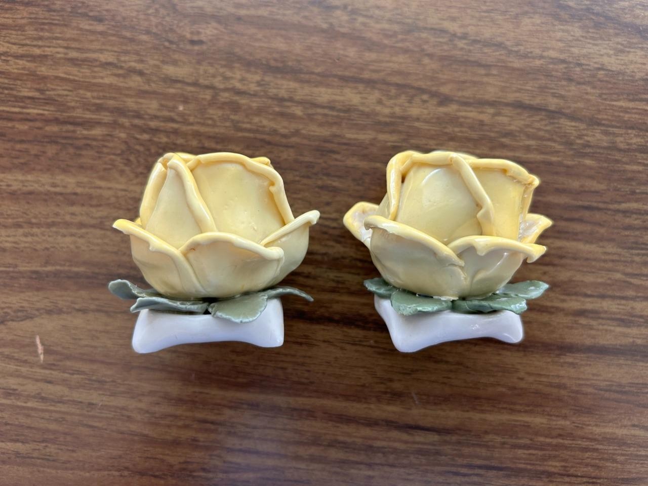 2 Dresden candlestick holders porcelain yellow roses 2