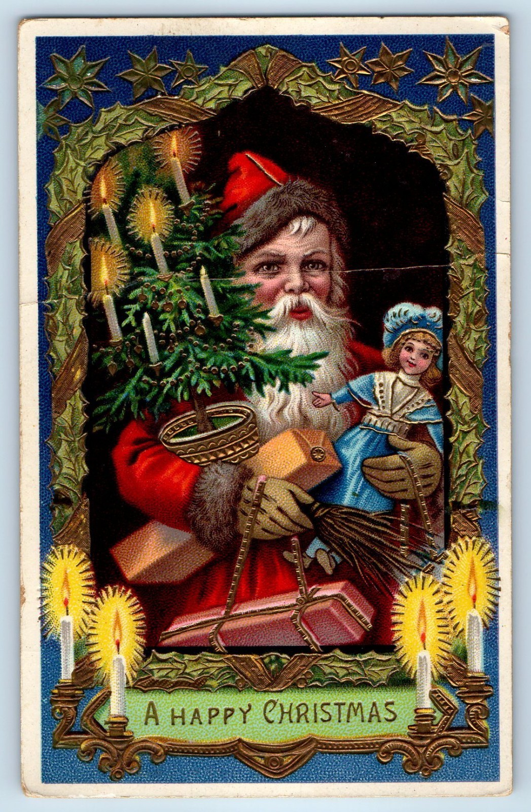 c1910s Christmas Santa Claus With Doll Toys Candle Lights Gel Gold Gilt Postcard c1910s Christmas Santa Claus With Doll Toys Candle Lights Gel Gold Gilt Postcard
