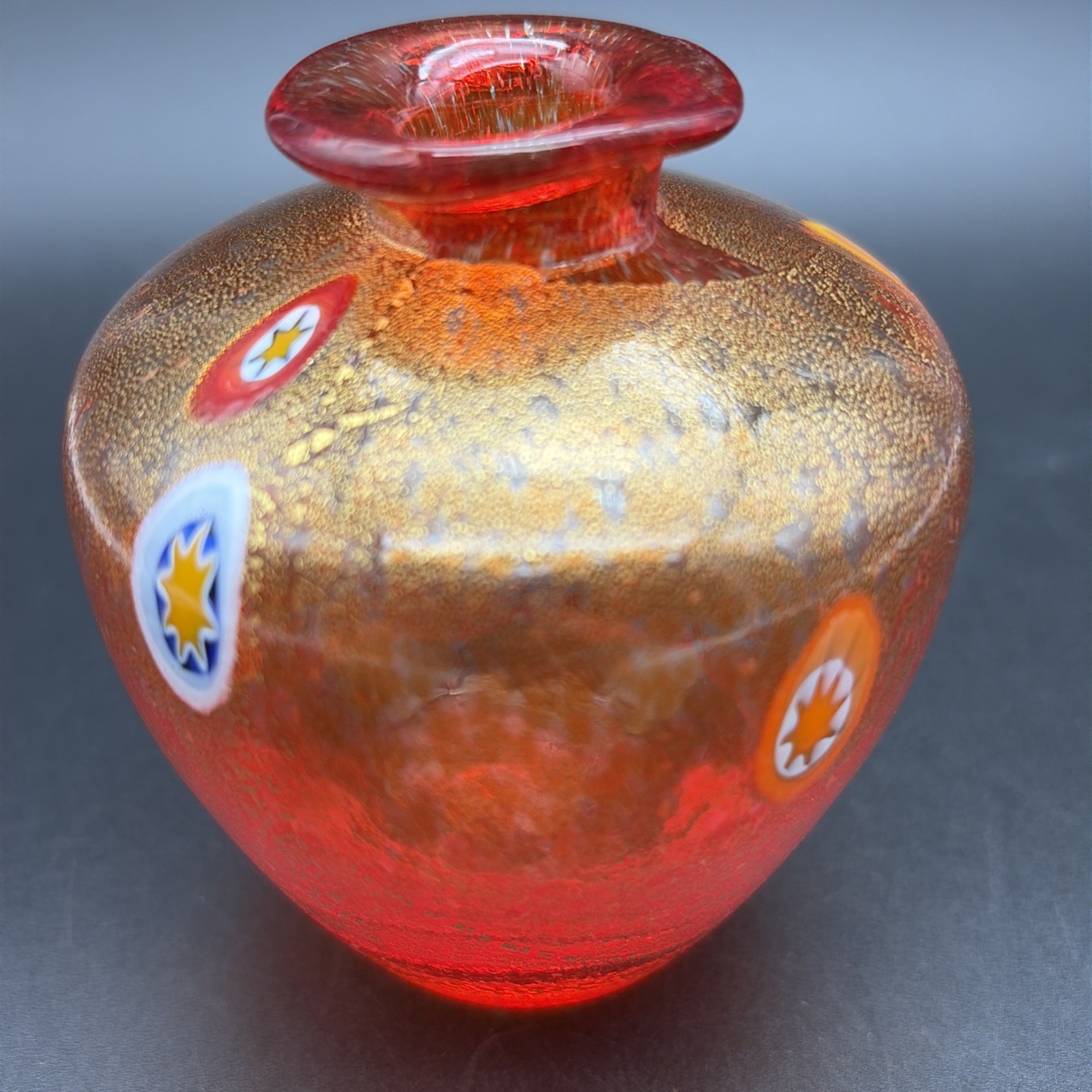 Italian Handblown Art Glass Mini Vase Orange/red & Gold W/ Millefiori Glass Cane