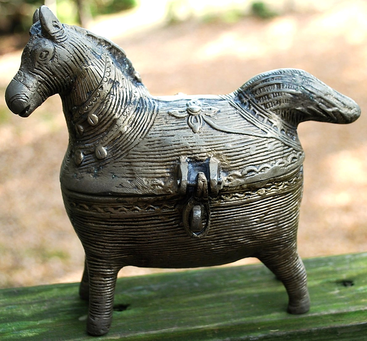 Vtg DHOKRA BRONZE HORSE TRINKET BOX Handmade India HINGED Tribal LOST WAX CAST