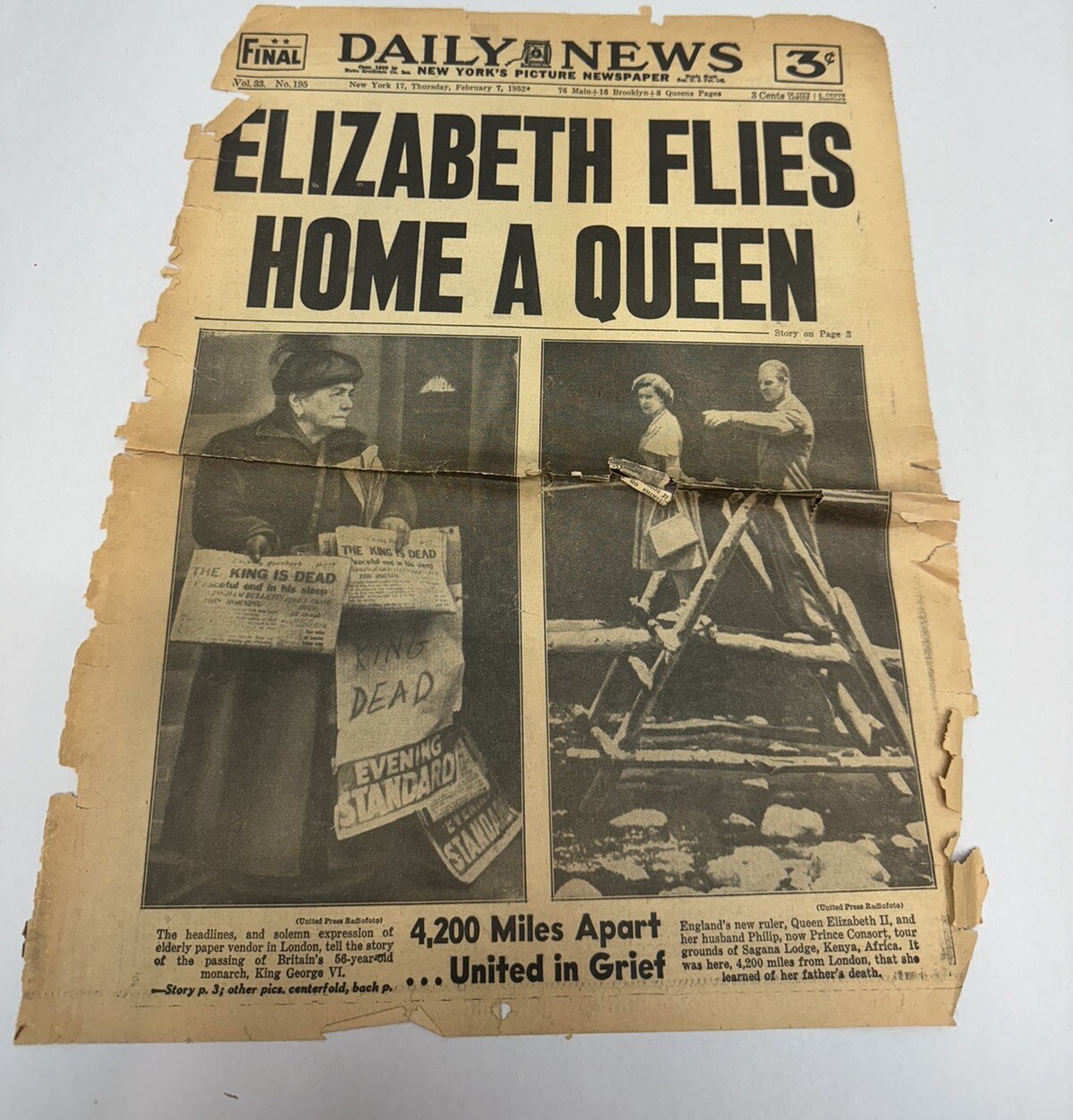 1952 FEBRUARY 7 NEW YORK DAILY NEWS - ELIZABETH FLIES HOME AS QUEEN 1952 FEBRUARY 7 NEW YORK DAILY NEWS - ELIZABETH FLIES HOME AS QUEEN