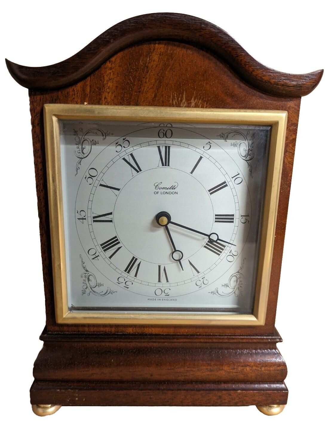 Vintage Comitti of London Mantel Clock in Mahogany Case with Arched Top, Brass