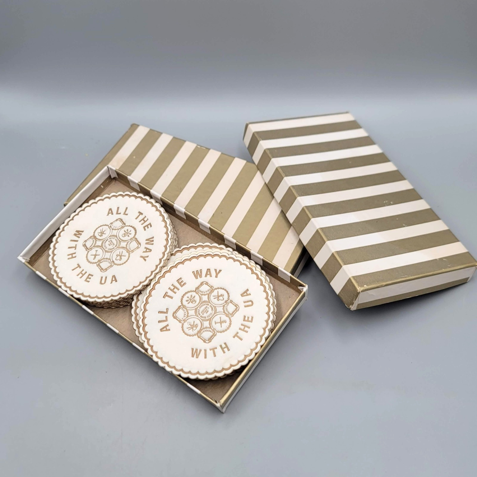 Vtg Pipe Fitters Union UA Slogan Coaster Sets Lot 2 Round White Org Boxes NOS Vtg Pipe Fitters Union UA Slogan Coaster Sets Lot 2 Round White Org Boxes NOS