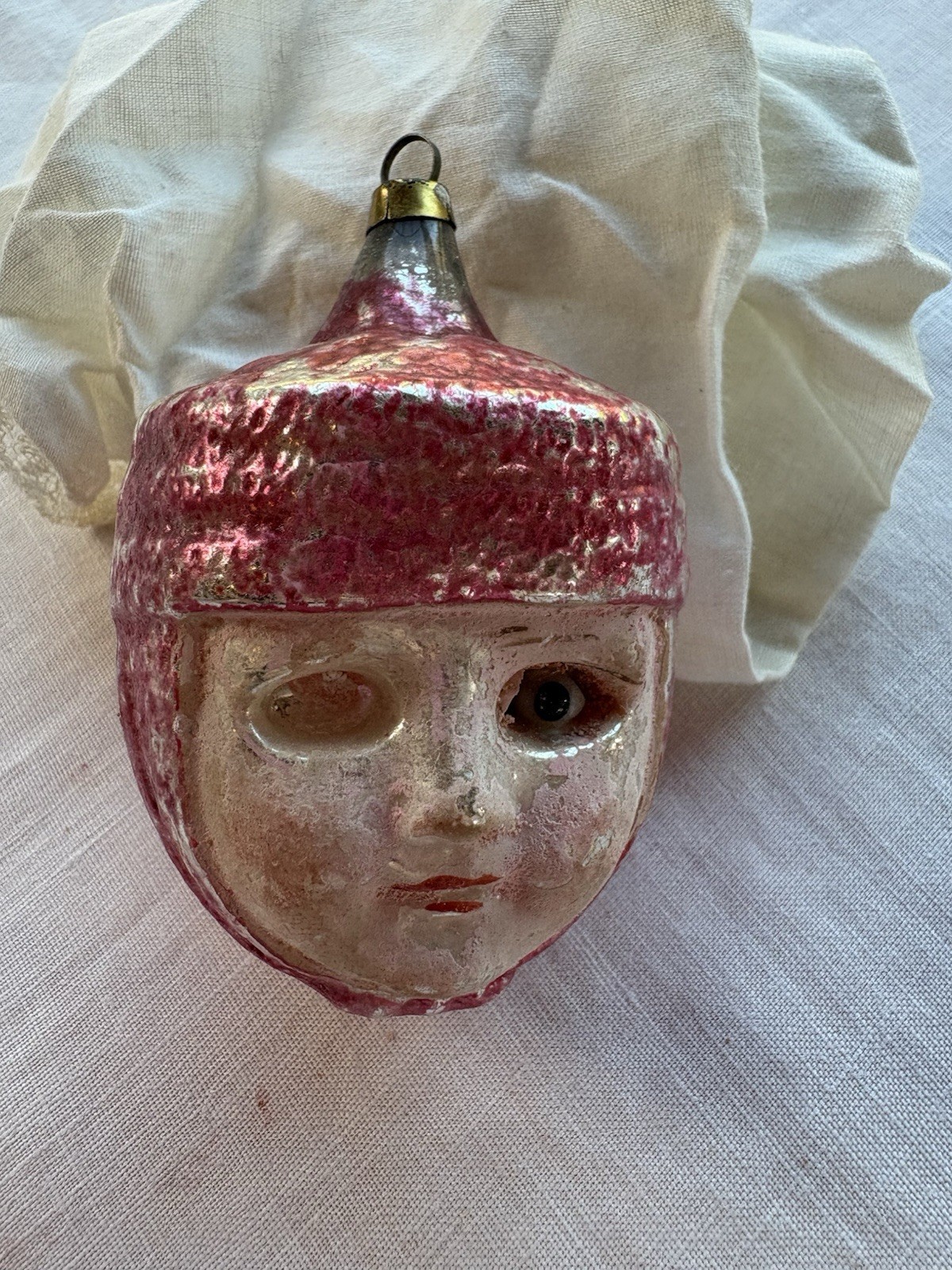 Antique 1900s Red Riding Hood German Glass Ornament W Glass Eye