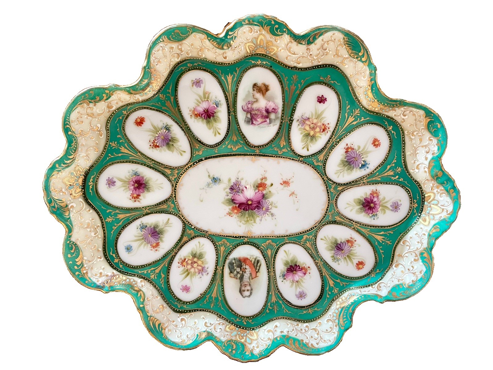 Antique French Sevres Style Turquoise Green & Gold Cabinet Plate 12”x10” Antique French Sevres Style Turquoise Green & Gold Cabinet Plate 12”x10”